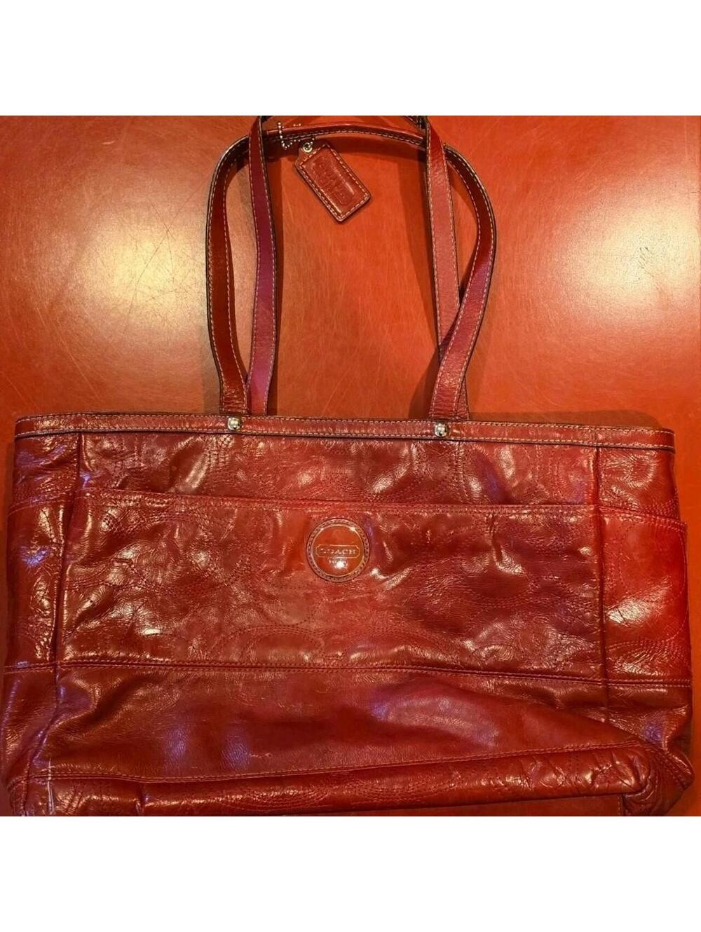 Coach Signature Patent Leather Embossed Diaper Bag Shoulder Bag F19256 Tote Red